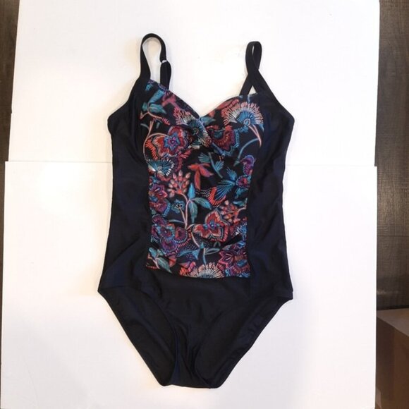 KRISTA One Piece Swimsuit Tropical Floral Panel Solid Black Tummy Control Modest - Picture 2 of 12